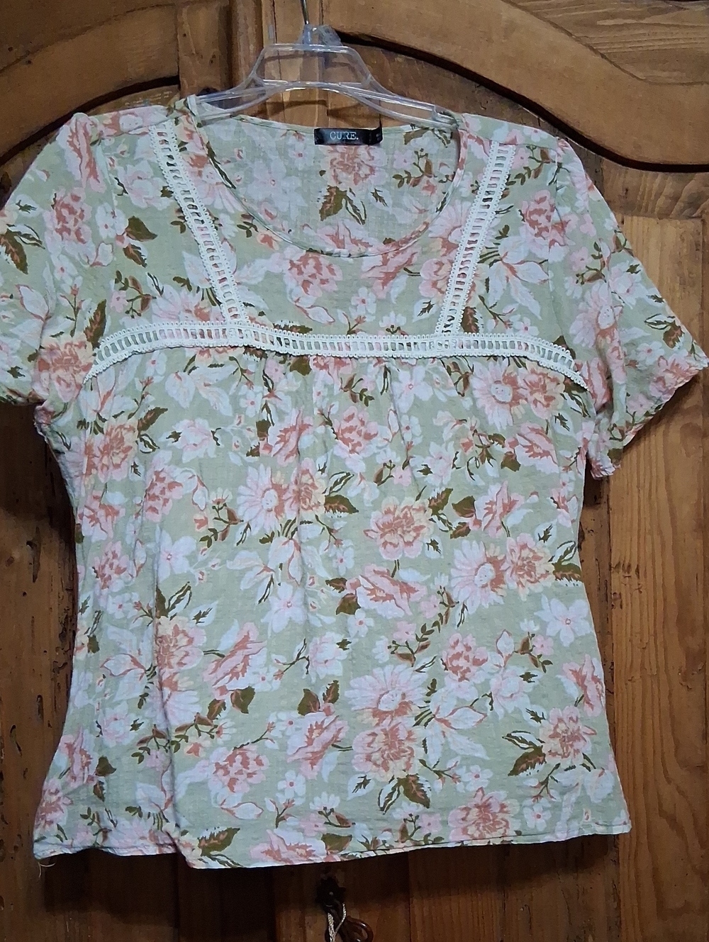 Cure. Floral Lace-Trim Short Sleeve Top - Pink Floral